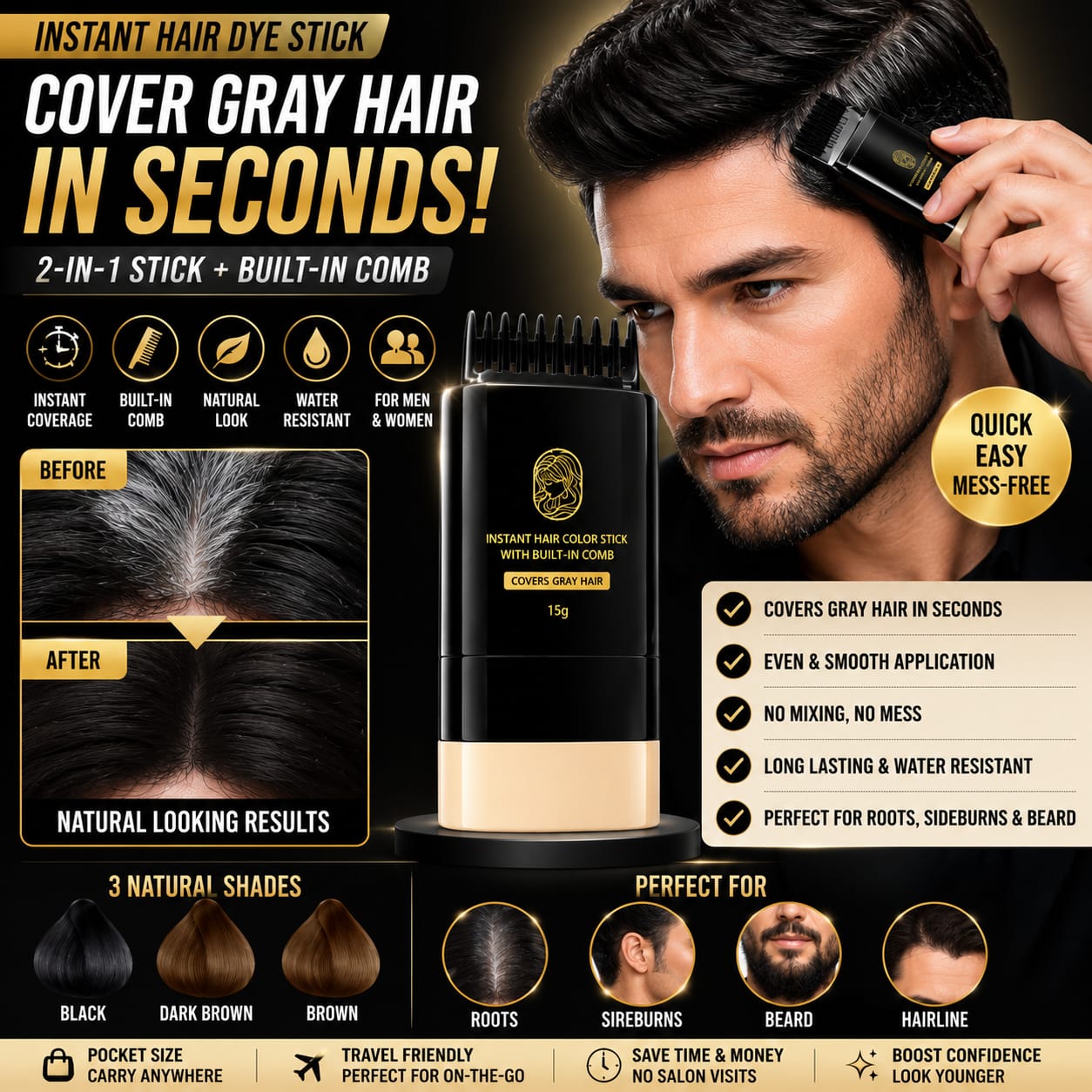 Instant Hair Dye Stick with Built-in Comb, Gray Hair Dye, 2-in-1 Touch-Up Comb