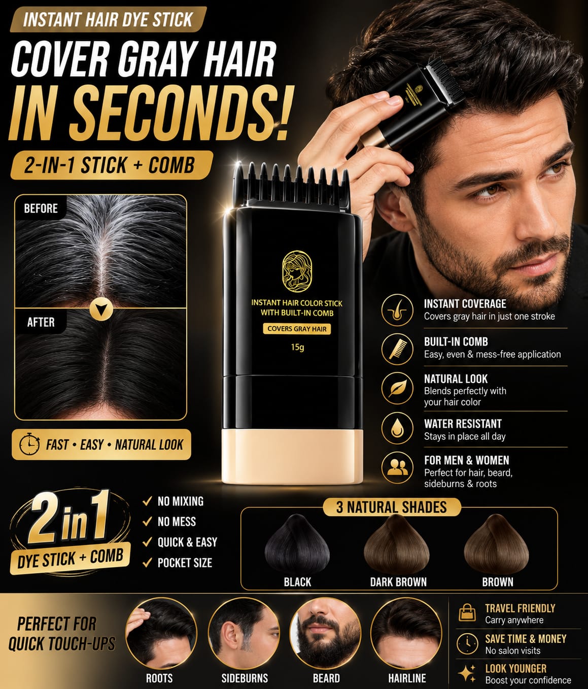 Instant Hair Dye Stick with Built-in Comb, Gray Hair Dye, 2-in-1 Touch-Up Comb