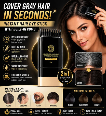 Instant Hair Dye Stick with Built-in Comb, Gray Hair Dye, 2-in-1 Touch-Up Comb