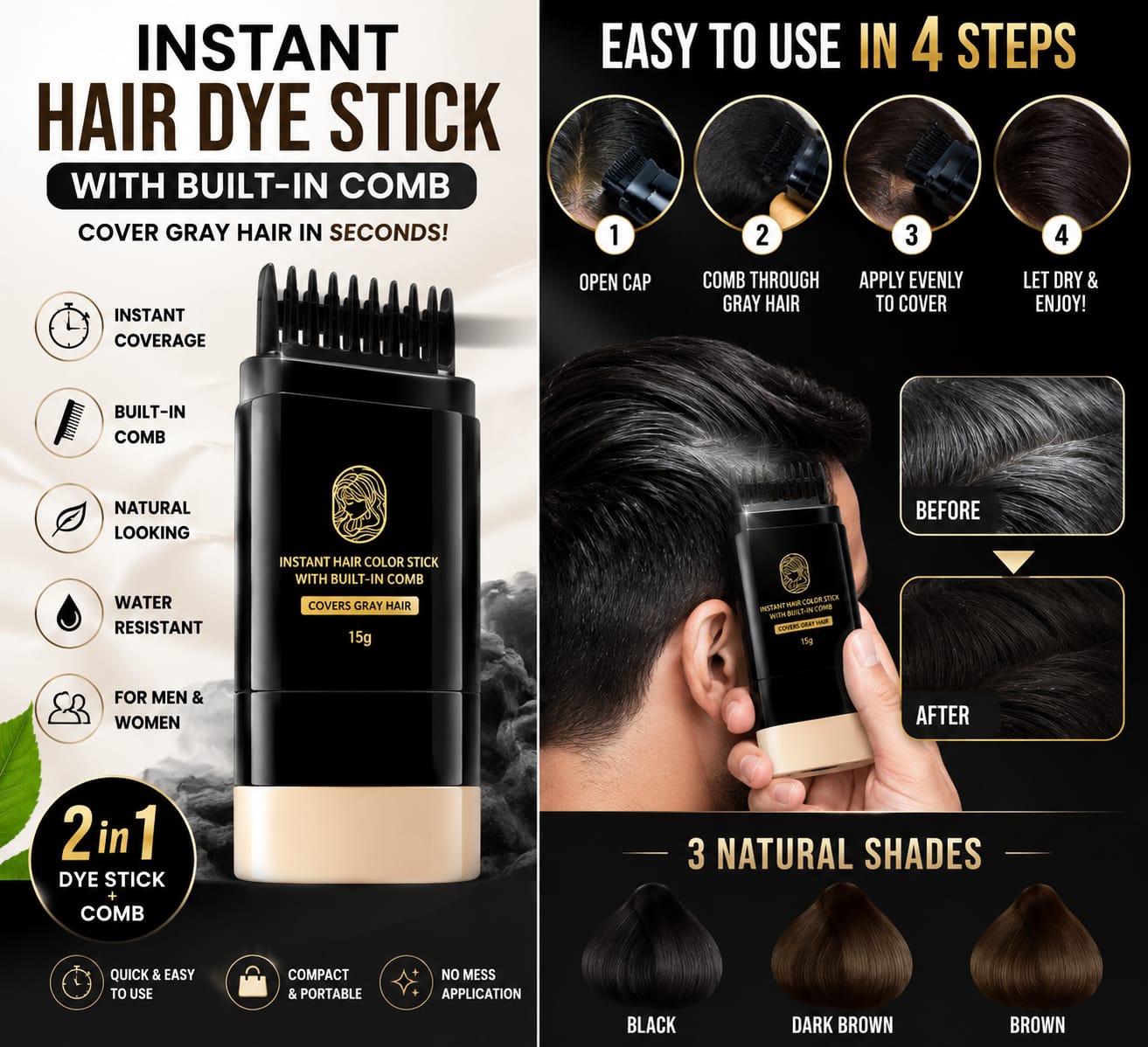 Instant Hair Dye Stick with Built-in Comb, Gray Hair Dye, 2-in-1 Touch-Up Comb