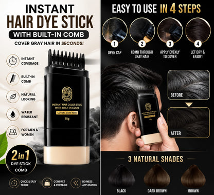 Instant Hair Dye Stick with Built-in Comb, Gray Hair Dye, 2-in-1 Touch-Up Comb